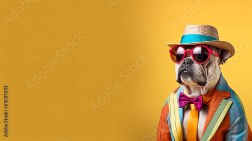 Cool looking British Bulldog wearing rainbow fancy funky jacket, sunglasses and straw hat isolated on yellow background with copyspace for text. Digital illustration generative AI. © Tepsarit