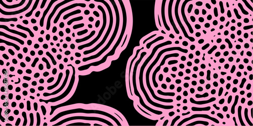 Acid psychedelic black and pink print with abstract melting blobs and lines in retro hippie style.