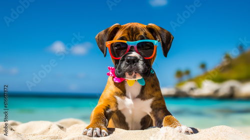 Cute adorable baby boxer puppy dog wearing sunglasses at sunny beach and seaside in summer. Digital illustration generative AI.