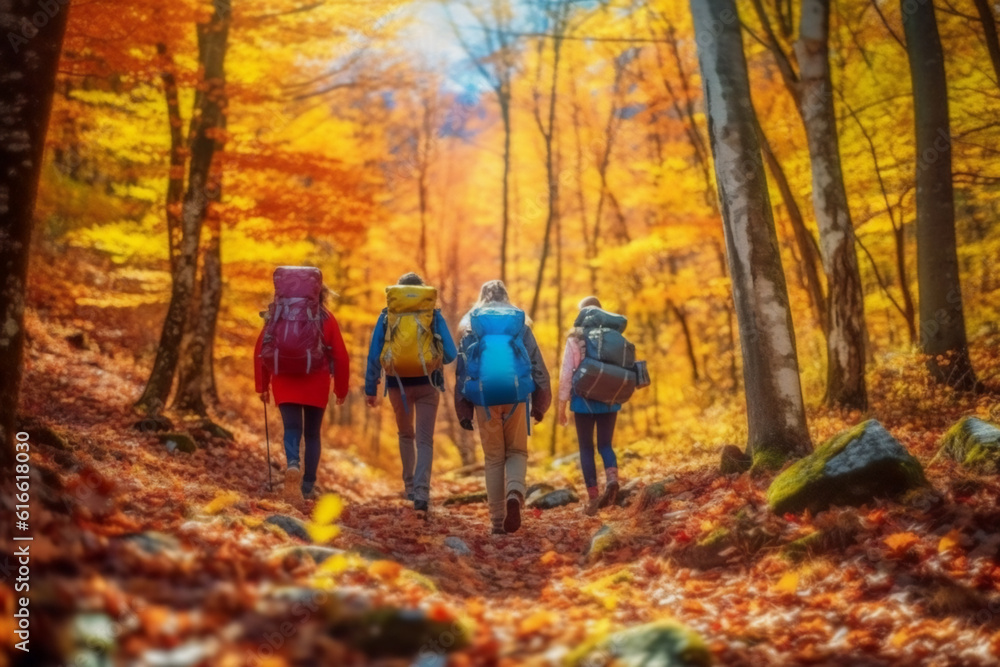 family walking in autumn forest generative AI family walking in autumn forest generative AI