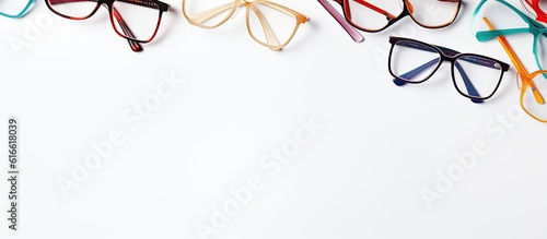Five pairs of glasses lined up against a white background created with Generative AI technology