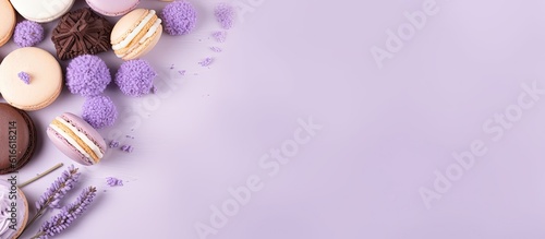 A purple background with macaroons and lavender flowers created with Generative AI technology