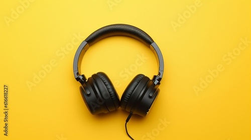 Black Headphones on yellow background with copy space created by generative AI