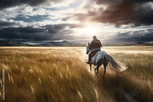 person riding a horse in the field generative AI © soysuwan123