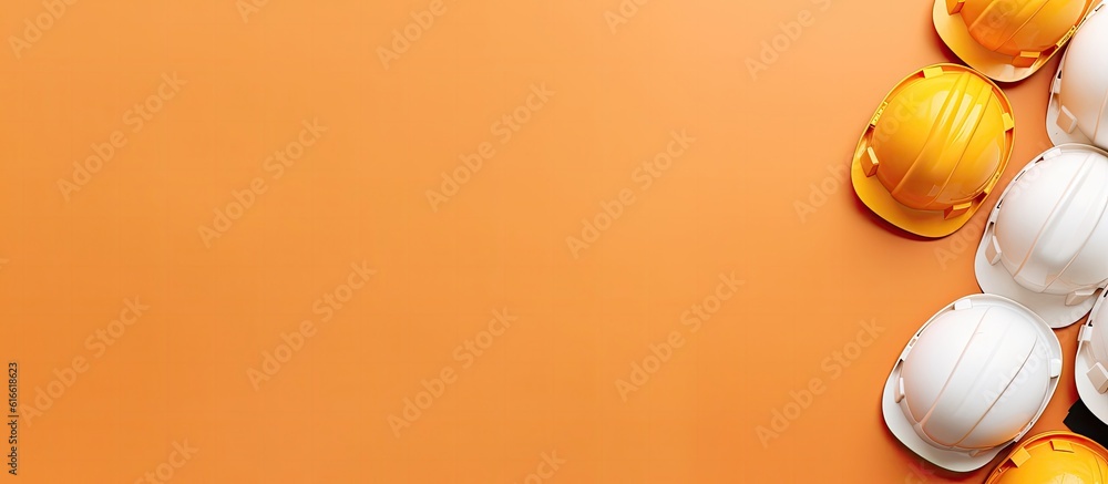 A group of hard hats on an orange background created with Generative AI technology