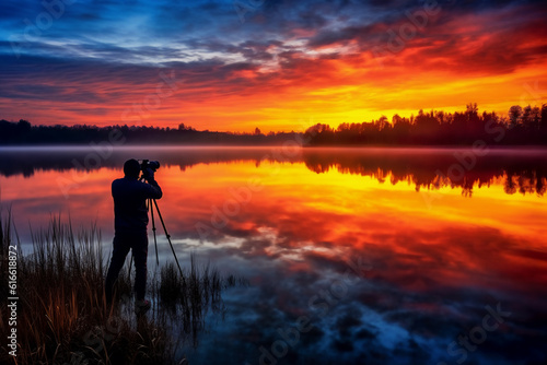 silhouette of a person taking a picture of a sunset generative AI