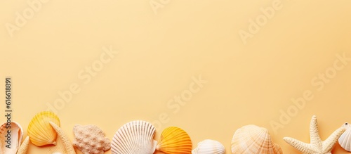 A row of sea shells on a yellow background created with Generative AI technology