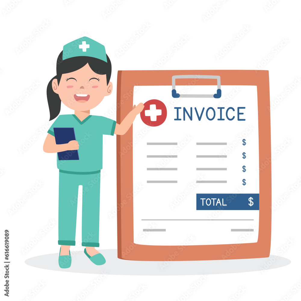 Hospital invoice clipart cartoon style. Nurse showing the medical invoice flat vector illustration hand drawn doodle style. Clinical Invoice. Hospital, medical concept Hospital invoice clipart cartoon style. Nurse showing the medical invoice flat vector illustration hand drawn doodle style. Clinical Invoice. Hospital, medical concept