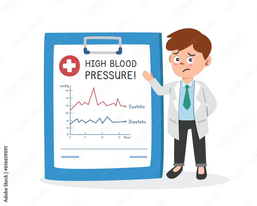 High blood pressure clipart cartoon style. Worried doctor showing the bad blood pressure result flat vector illustration hand drawn doodle style. Hospital, clinic, medical concept High blood pressure clipart cartoon style. Worried doctor showing the bad blood pressure result flat vector illustration hand drawn doodle style. Hospital, clinic, medical concept
