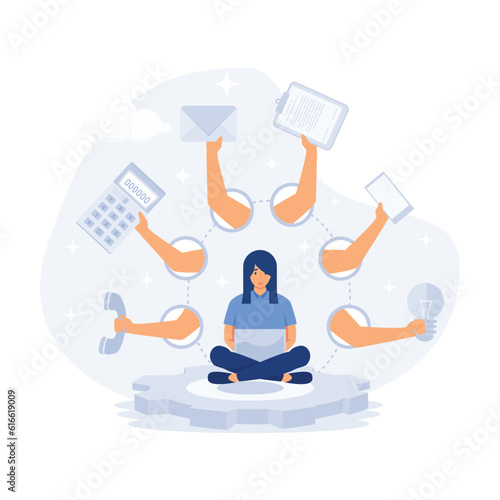 Girl with many arms sits, the Yoga lotus position, flat vector modern illustration