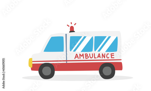 Ambulance clipart cartoon style. Simple emergency ambulance car flat vector illustration hand drawn color doodle style. Hospital, medical emergency concept