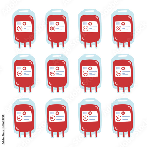 Blood types clipart cartoon style. Blood bags with different blood groups label A, B, AB, O flat vector set illustration hand drawn doodle style. Hospital, donation, medical blood bank concept