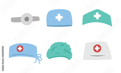 Set of medical hats clipart cartoon style. Doctor hat, nurse hat, surgeon hat medical uniform flat vector set illustration hand drawn doodle style. Hospital head uniform. Hospital and medical concept