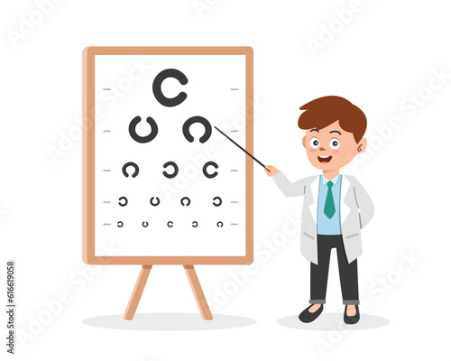 Eye test clipart cartoon style. Ophthalmologist doctor pointing at eye test chart checking patient's vision flat vector illustration hand drawn doodle. Vision check up. Medical oculist concept