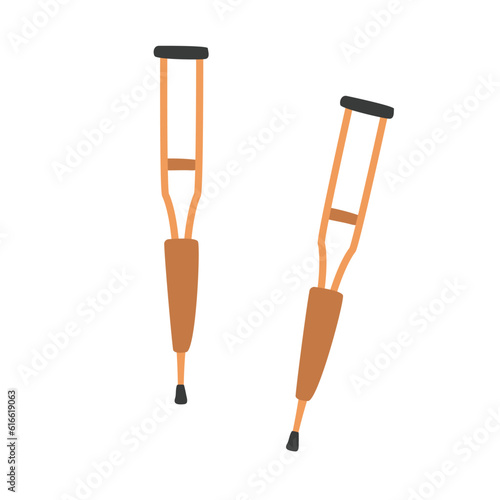 Crutches clipart cartoon style. Pair of underarm crutches flat vector illustration hand drawn doodle style. Broken leg patient cane. Rehabilitation tool. Hospital and medical concept photo
