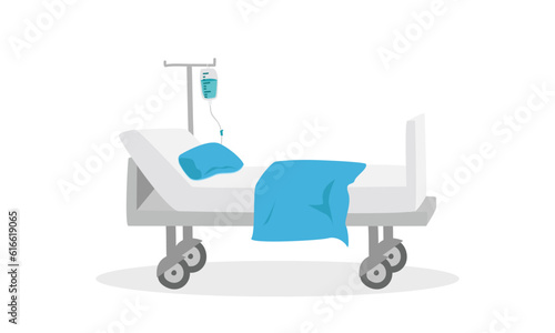 Hospital bed clipart cartoon style. Simple medical bed with IV fluid flat vector illustration hand drawn doodle style. Patient bed. Hospital and medical concept