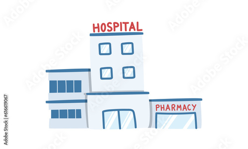  Hospital building clipart cartoon style. Simple cute hospital building with the pharmacy next to flat vector illustration hand drawn doodle style. Hospital and medical concept