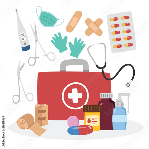 First aid kit clipart cartoon style. Doctor bag with many first aid elements flat vector illustration hand drawn. Stethoscope, thermometer, medicines, sticking plaster, pills, tablet, capsule cartoon
