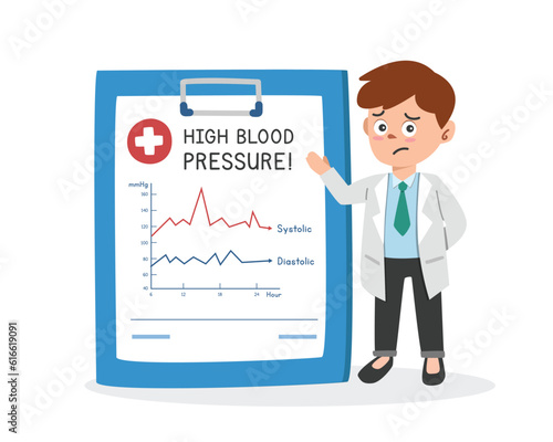 High blood pressure clipart cartoon style. Worried doctor showing the bad blood pressure result flat vector illustration hand drawn doodle style. Hospital, clinic, medical concept