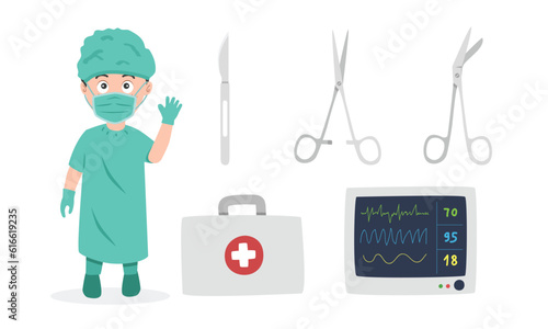 Surgeon doctor clipart cartoon style. Surgeon with surgical equipments flat vector illustration hand drawn doodle style. Scalpel, medical scissors, gloves, heartbeat monitor. Hospital, medical concept