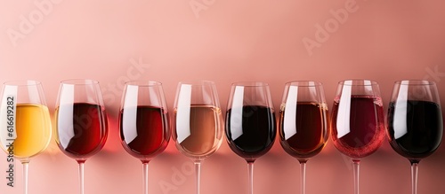 A row of wine glasses lined up against a pink background created with Generative AI technology