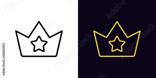 Outline star crown icon, with editable stroke. Royal crown with star sign, superstar kingdom. Great celebrity, popularity and authority, luxury corona, premium reward and top rank, glory