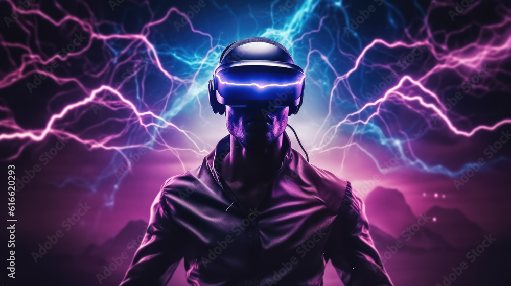 Illustration of man with glasses of virtual reality. Future technology concept. Generative AI Illustration of man with glasses of virtual reality. Future technology concept. Generative AI