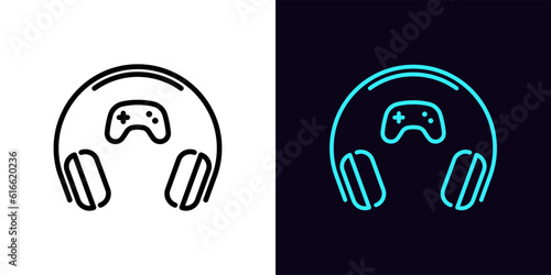 Outline gaming headphones icon, with editable stroke. Wifi headset with gamepad sign, wireless headphones for play games. Portable wifi earphones for esport gamers and game station