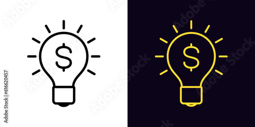 Outline money lamp icon, with editable stroke. Lamp with dollar sign, invest money idea. Creative idea for profit startup and money earn, business innovation and investment solution