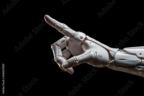 hand of White cyborg robot pointing. Generative AI