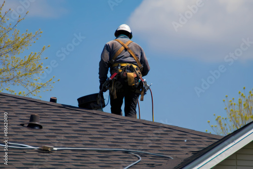 Wallpaper Mural roof repair construction worker roofer man roofing security rope ai generative Torontodigital.ca