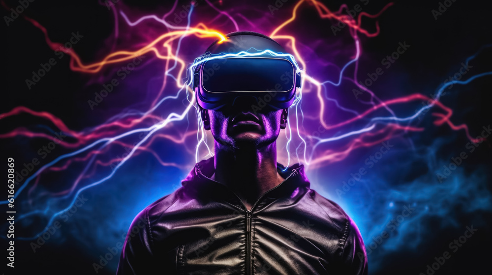 Illustration of man with glasses of virtual reality. Future technology concept. Generative AI Illustration of man with glasses of virtual reality. Future technology concept. Generative AI