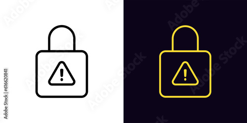 Outline lock warning icon, with editable stroke. Lock with exclamation mark, hacking attempt. Cyber security threat, unreliable protection, access restriction, risk warning, unsafe data