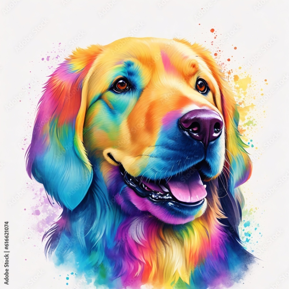 Portrait of a golden retriever dog, colorful inksplash art.