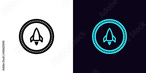 Outline rocket token icon, with editable stroke. Token with space rocket sign, digital meme coin pictogram. Digital game token, virtual cryptocurrency coin, crypto startup for money earn
