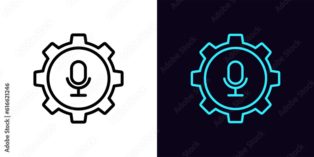 Outline mic settings icon, with editable stroke. Gear wheel with microphone sign, podcast control. Mic adjustment tool, microphone audio setting, mic voice configuration, sound fix Outline mic settings icon, with editable stroke. Gear wheel with microphone sign, podcast control. Mic adjustment tool, microphone audio setting, mic voice configuration, sound fix