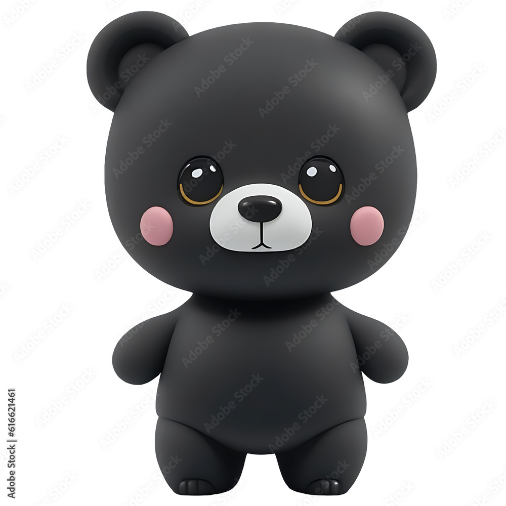 Naklejka premium Black BEAR with happy faces, Chibi style, tiny, Cute, and transparent background.3d rendering