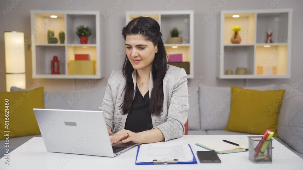 Home office worker woman happy and smiling. Home office worker woman happy and smiling.