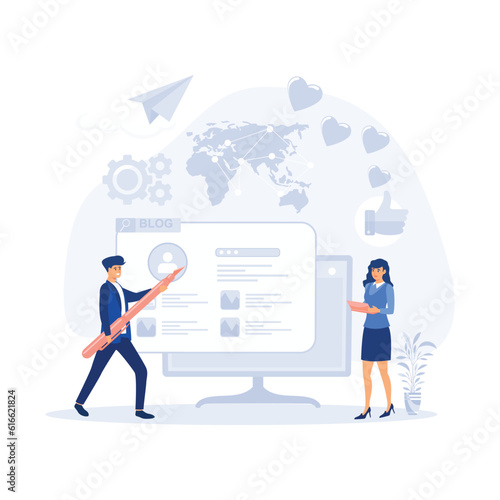 Content writer. Blog articles creation concept with people characters. freelance work business and marketing flat vector modern illustration