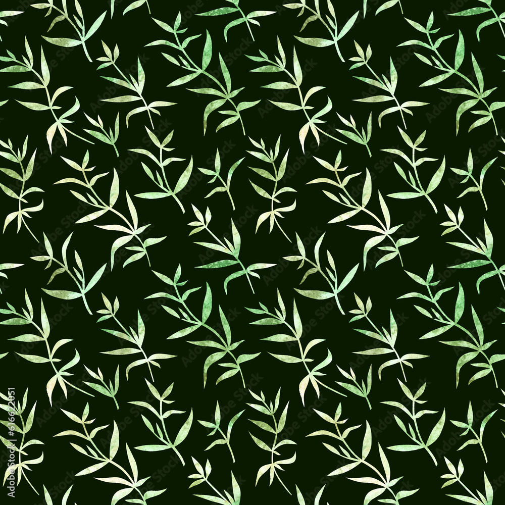 Fototapeta premium Hand drawn painted watercolor seamless endless botanical pattern with plants with green textured leaves on dark green background.Web design element made of aquarelle summer illustration.