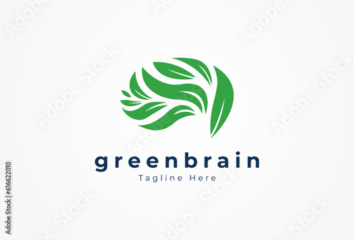 Green Brain Logo, brain with Leaf combination, usable for business and company logos, flat design logo template, vector illustration
