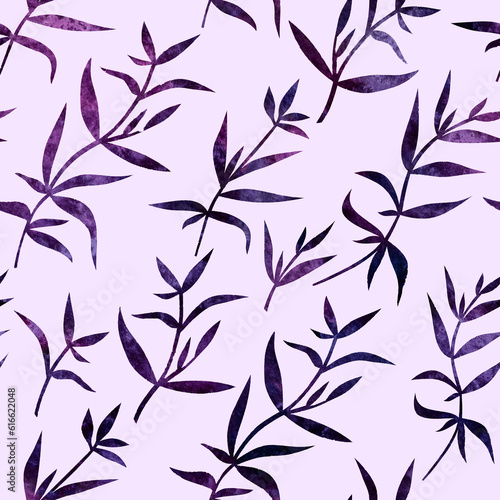 Fototapeta Naklejka Na Ścianę i Meble -  Hand drawn painted watercolor seamless endless botanical pattern with plants with violet purple leaves on lilac background.Web design element made of aquarelle illustration.