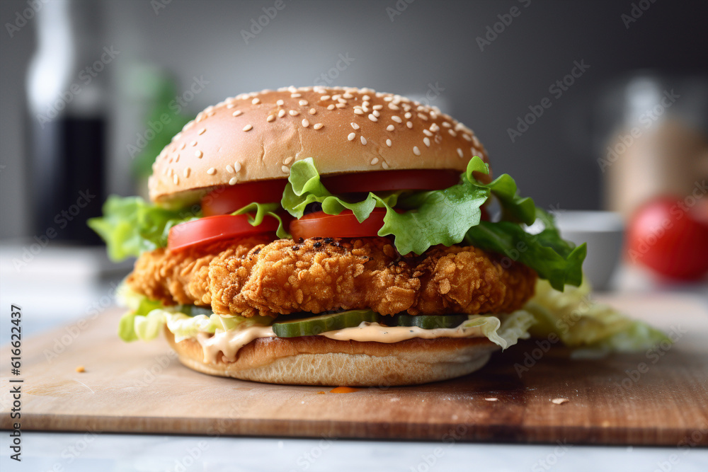Burger with breaded chicken patty and vegetables. Burger with breaded chicken patty and vegetables.