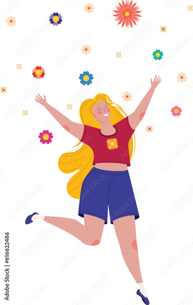 Girl jumping with flowers Girl jumping with flowers