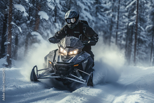 man in helmet rides a snowmobile through the forest, ai generative