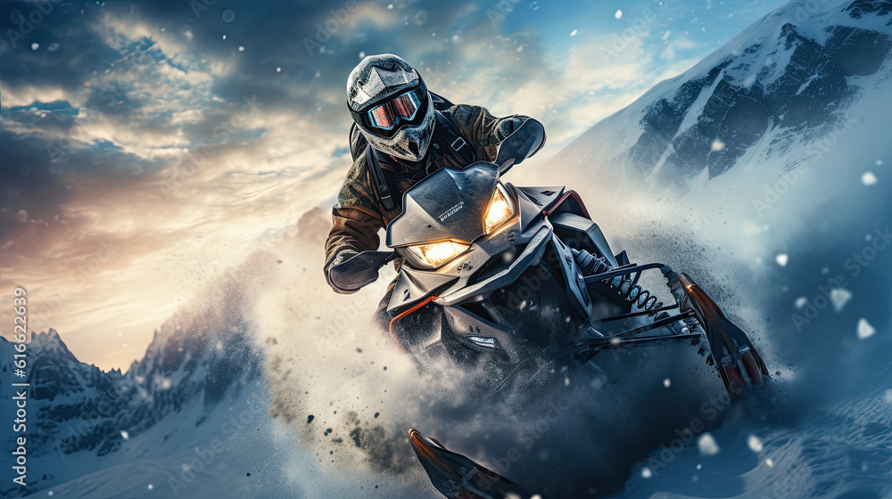 man in helmet rides a snowmobile through the forest, ai generative