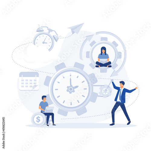 Time management, control. Businessman run along gear in form of clock. Organization of process, flat vector modern illustration 