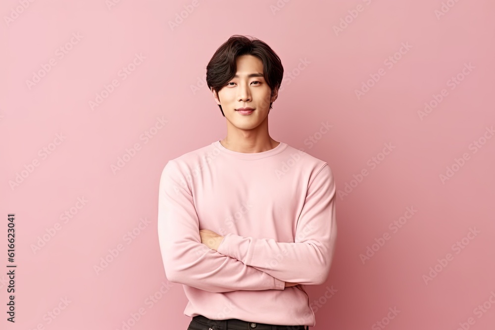 Handsome young asian man with clean fresh skin on pink background.Generative Ai Handsome young asian man with clean fresh skin on pink background.Generative Ai