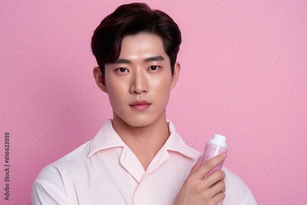 Handsome young asian man with clean fresh skin on pink background.Generative Ai Handsome young asian man with clean fresh skin on pink background.Generative Ai