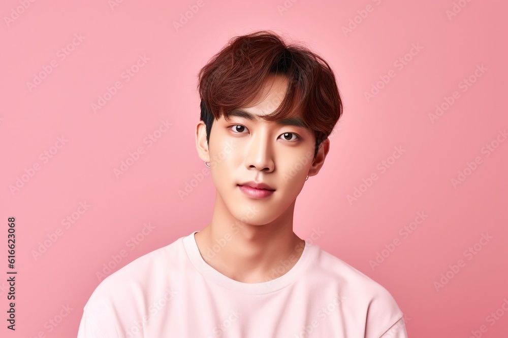 Handsome young asian man with clean fresh skin on pink background.Generative Ai Handsome young asian man with clean fresh skin on pink background.Generative Ai